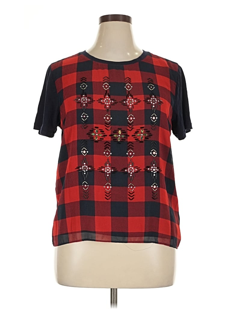 Pre-owned Jcrew Short Sleeve Top Red Argyle Pattern Square Neckline Tops
