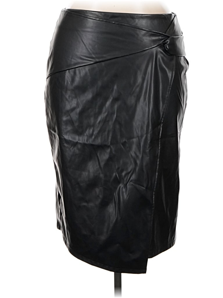 Pre-owned Kate Kasin Faux Leather Skirt In Black