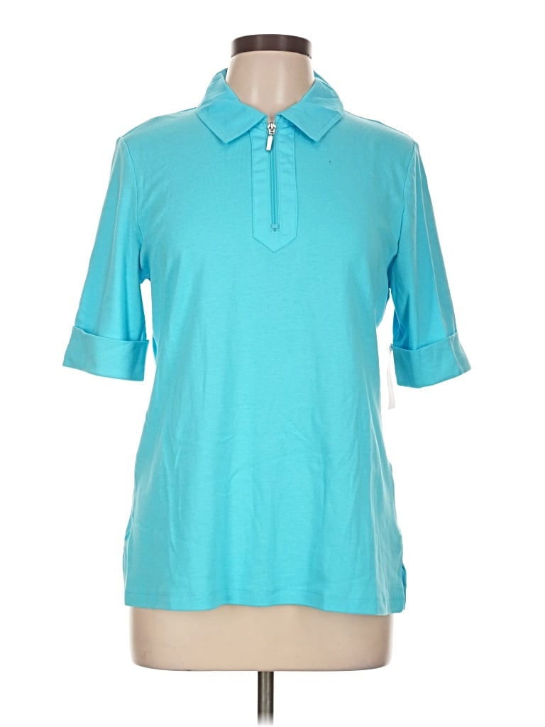 Pre-owned Karen Scott Short Sleeve Top Teal Collared Neckline Tops
