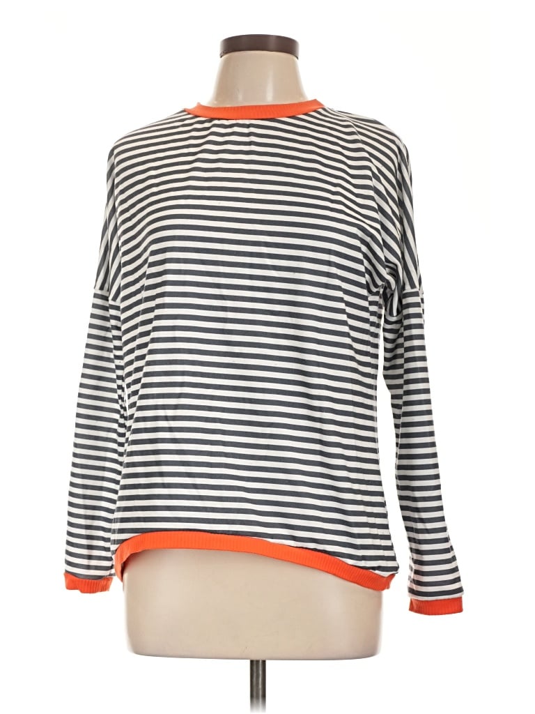 Pre-owned Made With Love Long Sleeve Top Gray Stripes Pattern Boatneck Tops