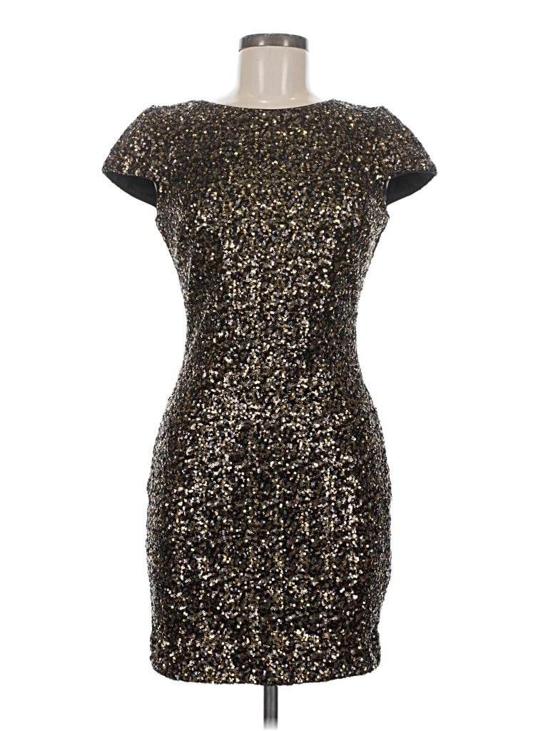 Dress the Population Cocktail Dress: Gold Metallic Pattern Dresses - Used - Size Medium