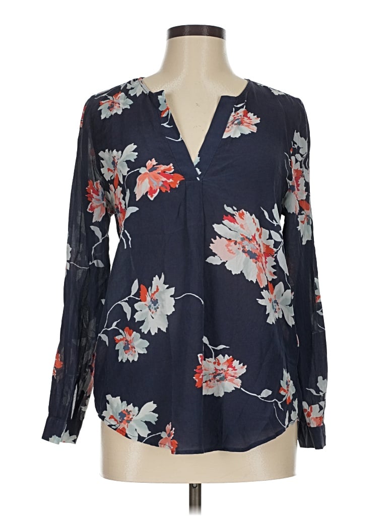 Pre-owned Joie Long Sleeve Silk Top Blue Floral Pattern Plunge Neckline Tops