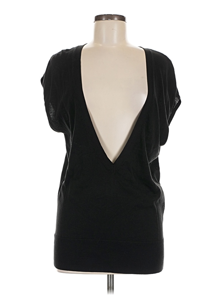 Pre-owned Ann Taylor Loft Short Sleeve Top Black Plunge Neckline Tops
