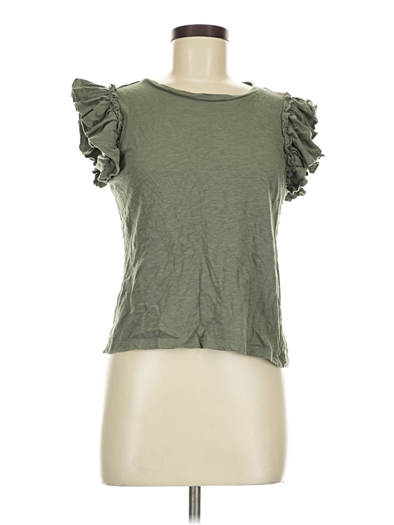 Pre-owned Industry Short Sleeve Top Green Ruffles Neckline Tops