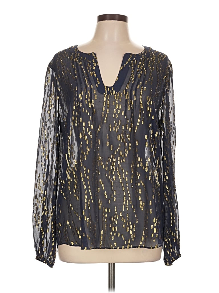 Pre-owned Lilly Pulitzer Long Sleeve Silk Top Gold Metallic Pattern Keyhole Neckline Tops