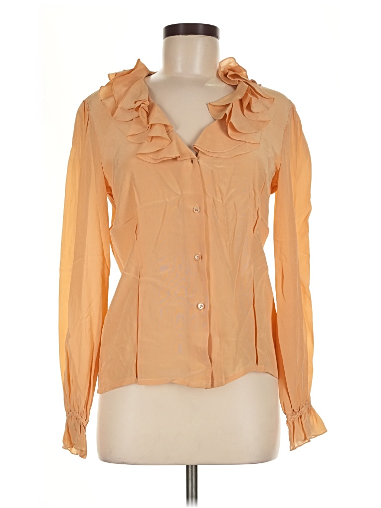 Pre-owned Assorted Brands Long Sleeve Silk Top Orange Ruffles Neckline Tops