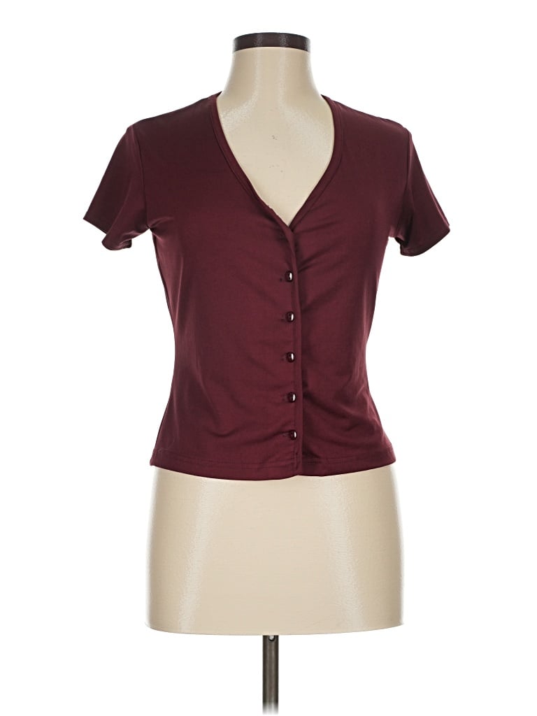 Pre-owned Ecru Short Sleeve Top Burgundy Sweetheart Neckline Tops