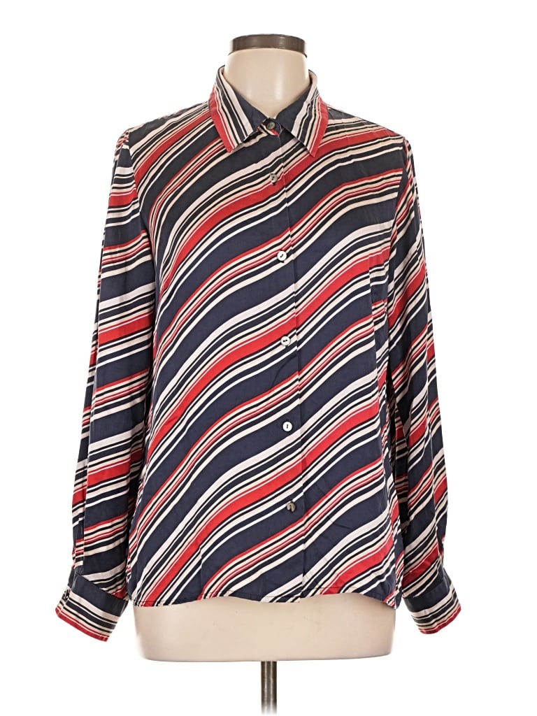 Pre-owned Liz Claiborne Long Sleeve Silk Top Red Stripes Pattern High Neck Tops