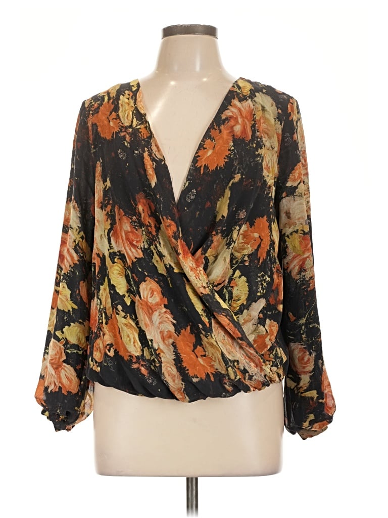 Pre-owned Haute Hippie Long Sleeve Silk Top Black Plunge Neckline Tops