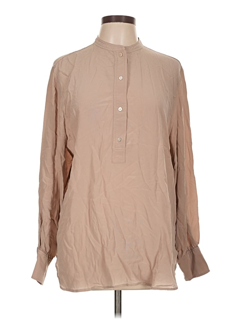 Pre-owned Everlane Long Sleeve Silk Top Tan High Neck Tops