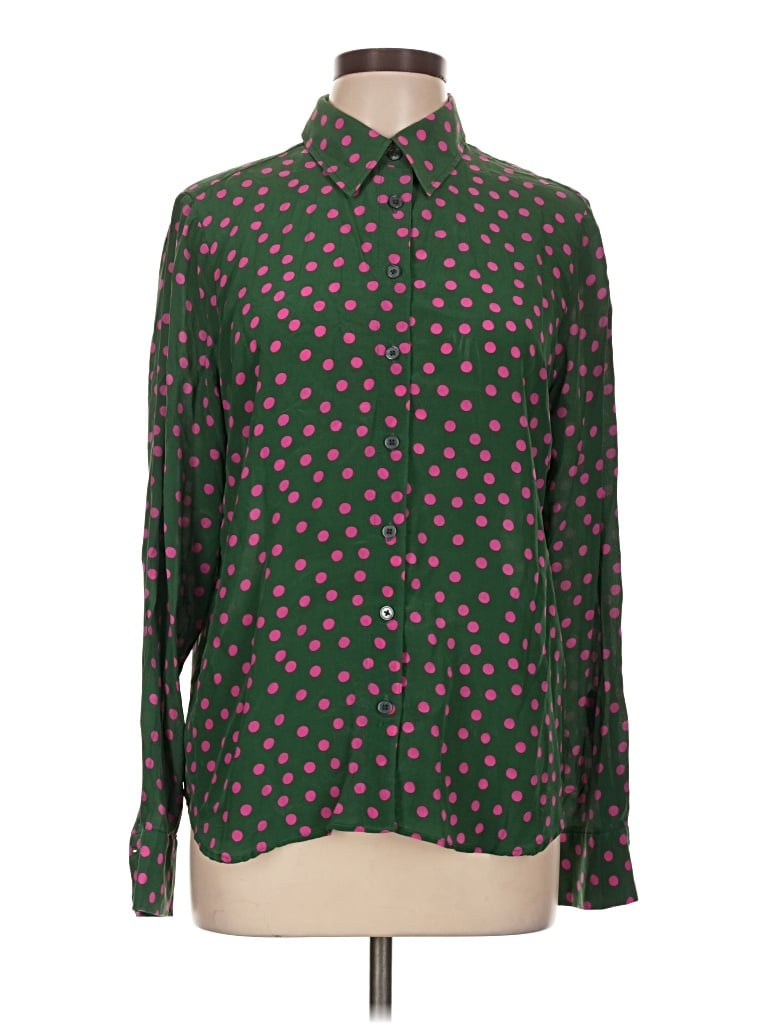Pre-owned Boden Long Sleeve Silk Top Green Polka Dots Pattern Mock Neckline Tops