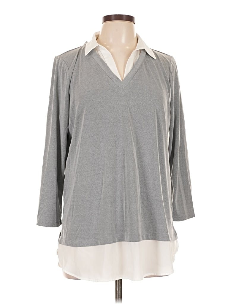 Pre-owned Adrianna Papell 3/4 Sleeve Top Gray Collared Neckline Tops