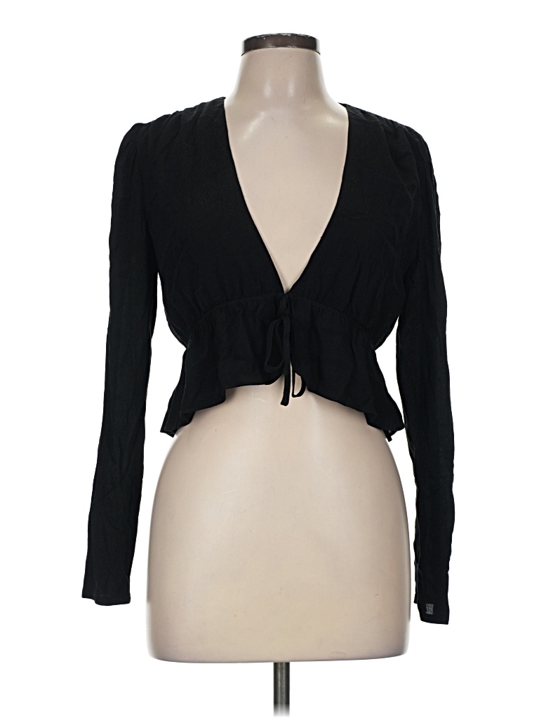 Pre-owned Sunday Best Long Sleeve Top Black Plunge Neckline Tops