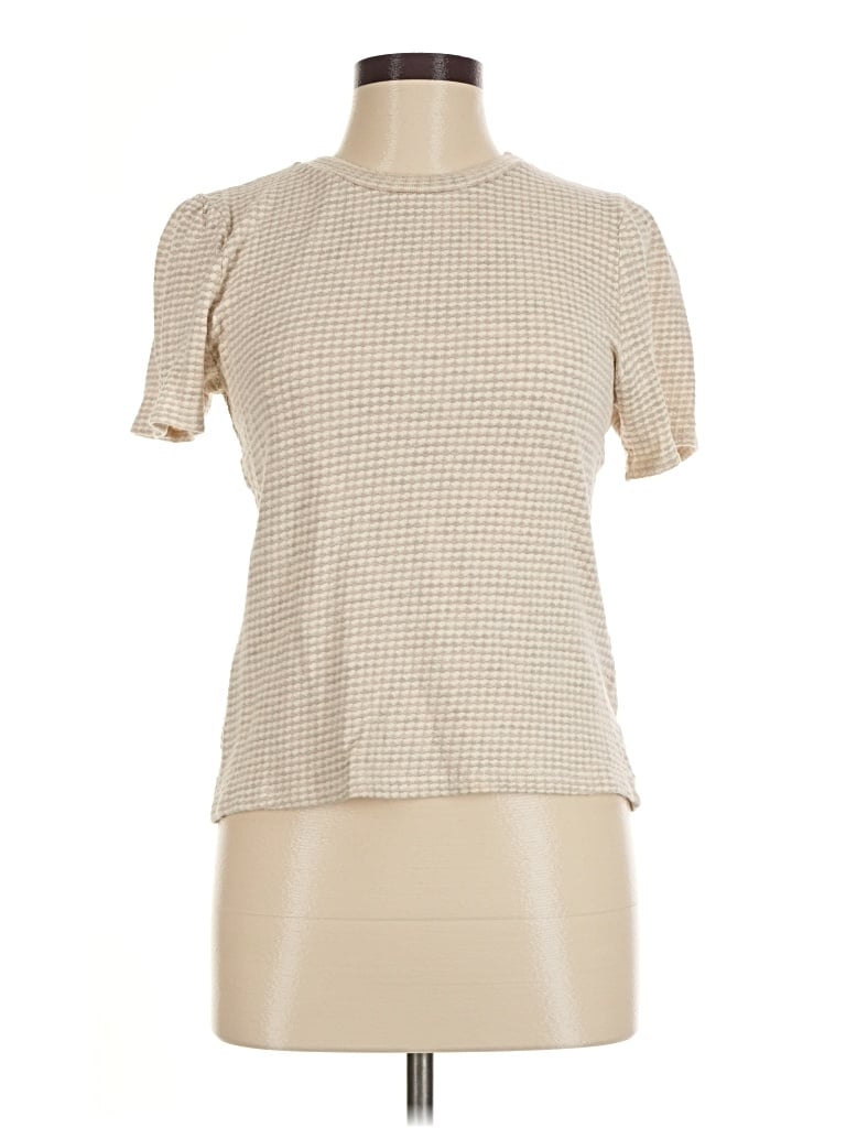 Pre-owned Amour Vert Short Sleeve Top Tan Mock Neckline Tops
