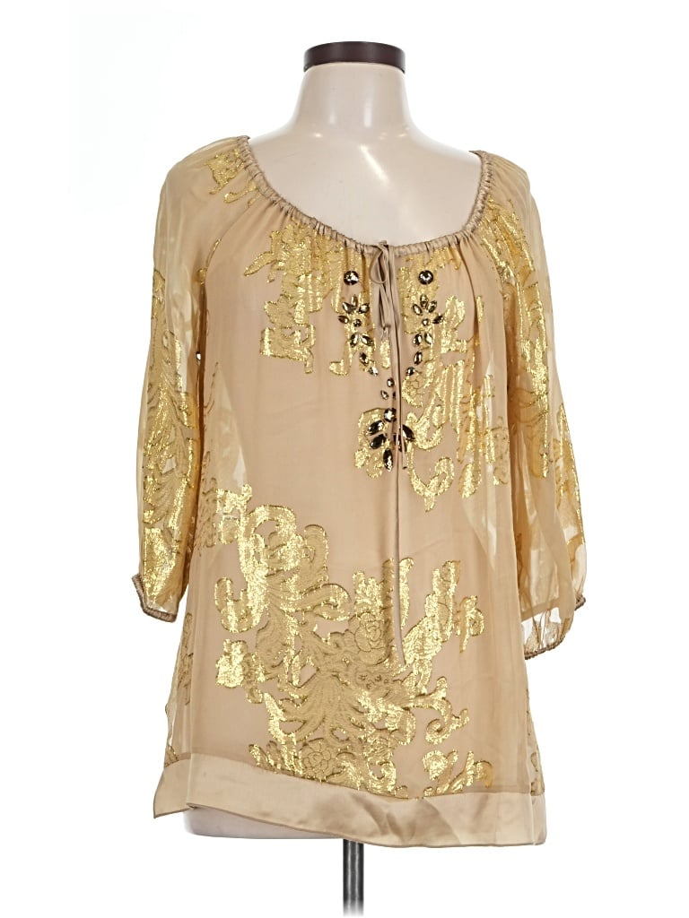 Pre-owned Hale Bob 3/4 Sleeve Silk Top Gold Keyhole Neckline Tops