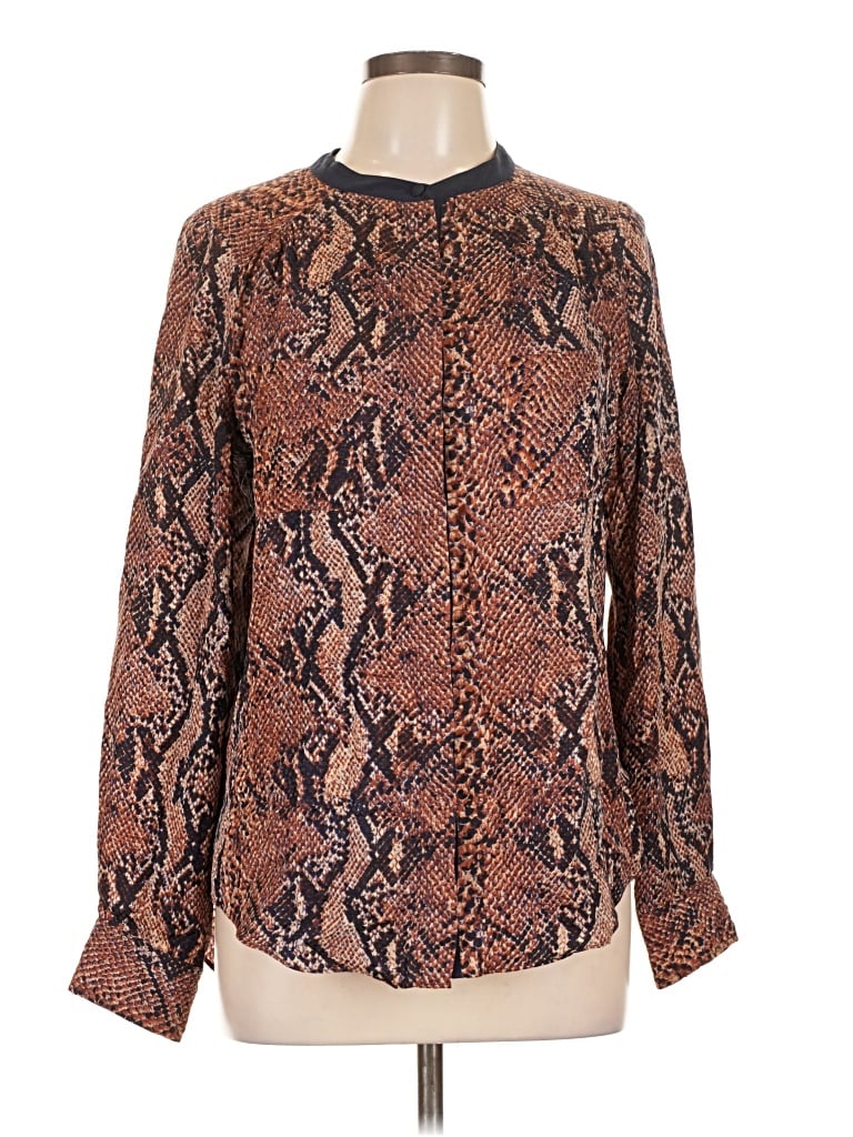 Pre-owned Rebecca Taylor Long Sleeve Silk Top Brown Paisley Pattern Mock Neckline Tops
