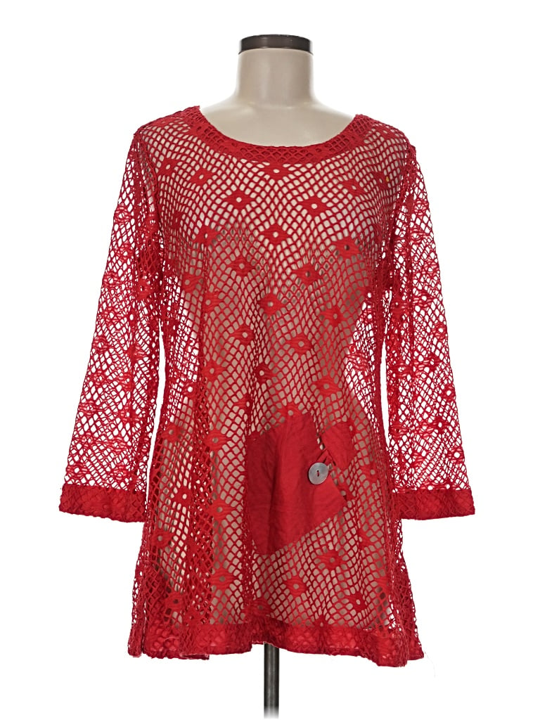 Pre-owned Unbranded 3/4 Sleeve Top Red Square Neckline Tops