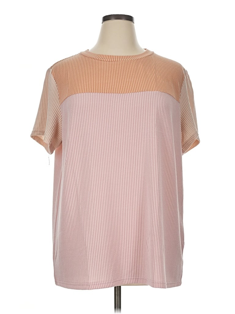 Pre-owned Dokotoo Short Sleeve Top Pink Color Block Pattern Mock Neckline Tops