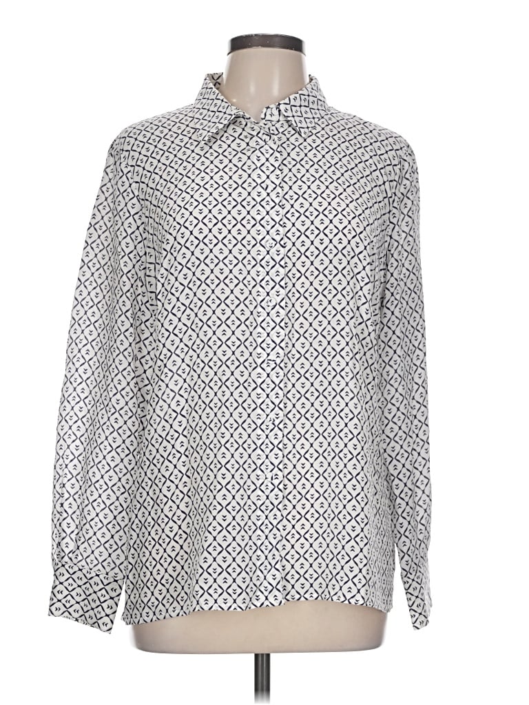 Pre-owned Pure Collection Long Sleeve Silk Top Silver Print Pattern Mock Neckline Tops