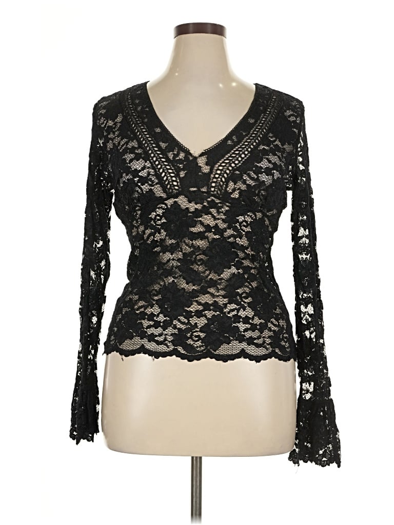Pre-owned Moda International Long Sleeve Top Black Plunge Neckline Tops
