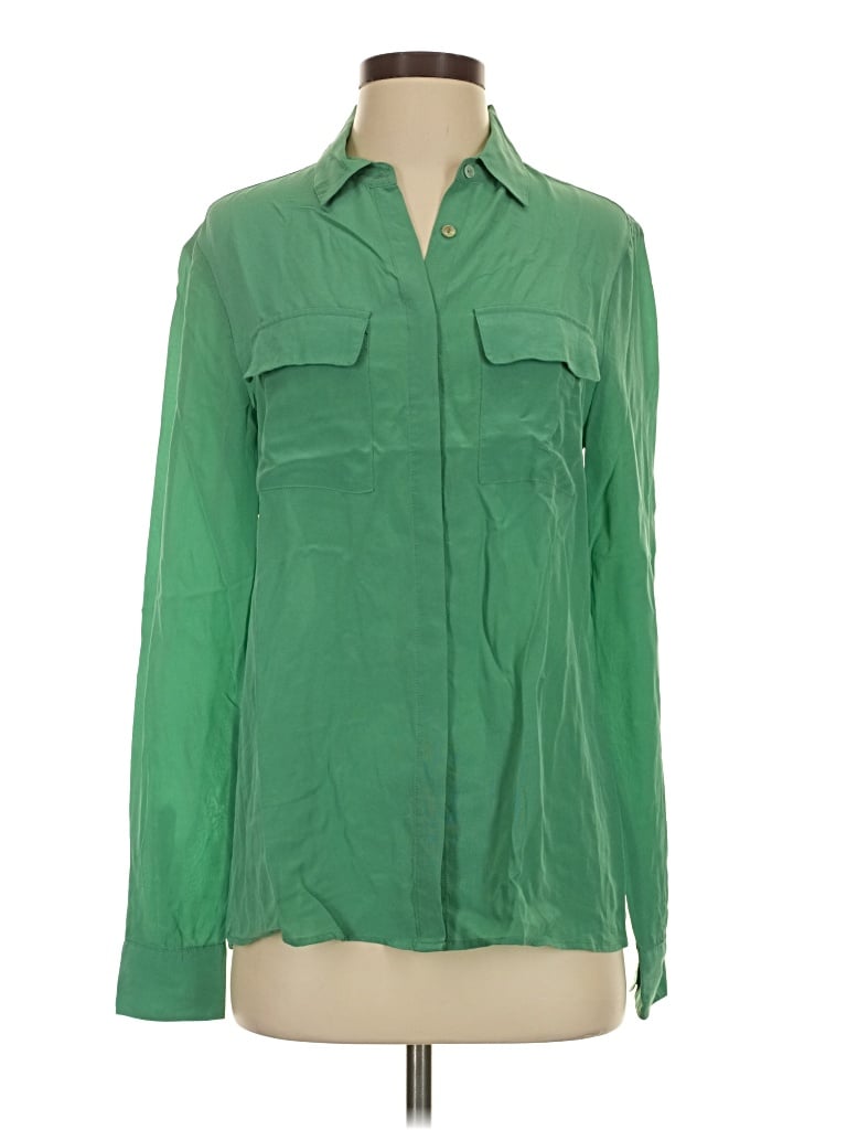 Pre-owned Joe Fresh Long Sleeve Silk Top Green Collared Neckline Tops