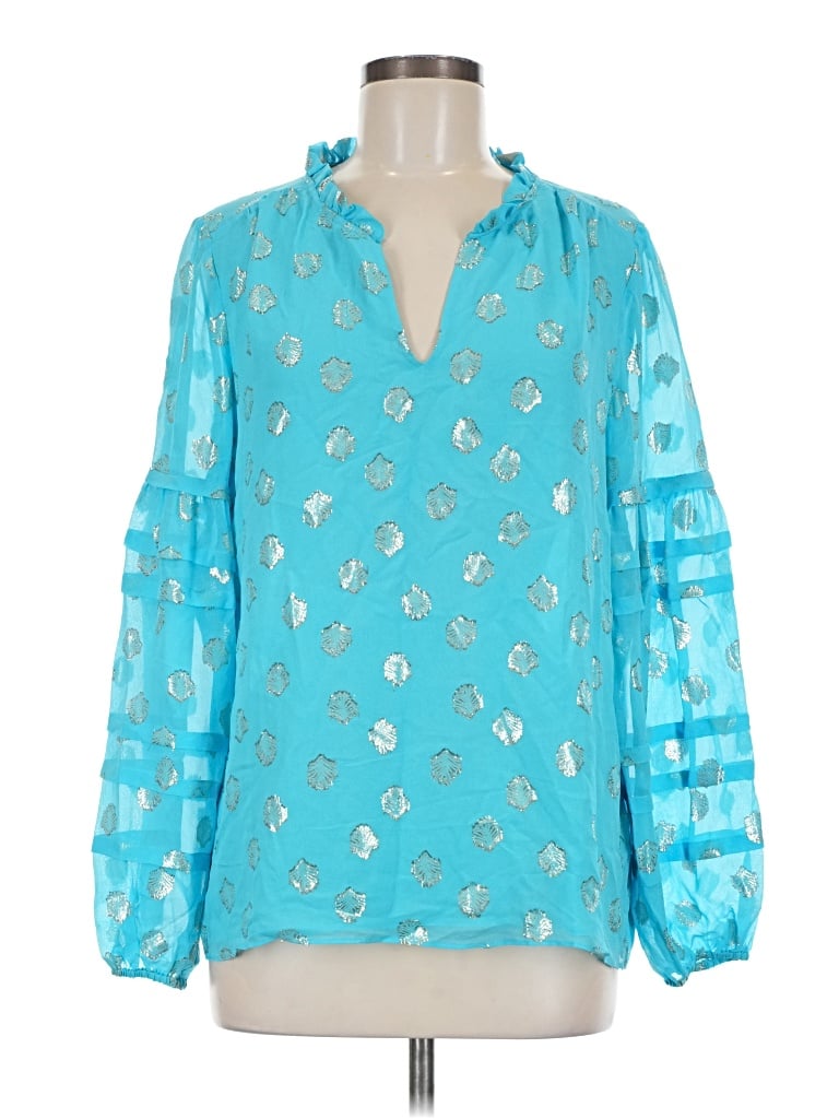 Pre-owned Lilly Pulitzer Long Sleeve Silk Top Teal Keyhole Neckline Tops