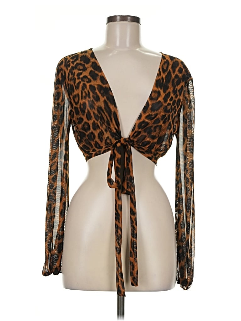 Pre-owned Assorted Brands Long Sleeve Top Brown Plunge Neckline Tops