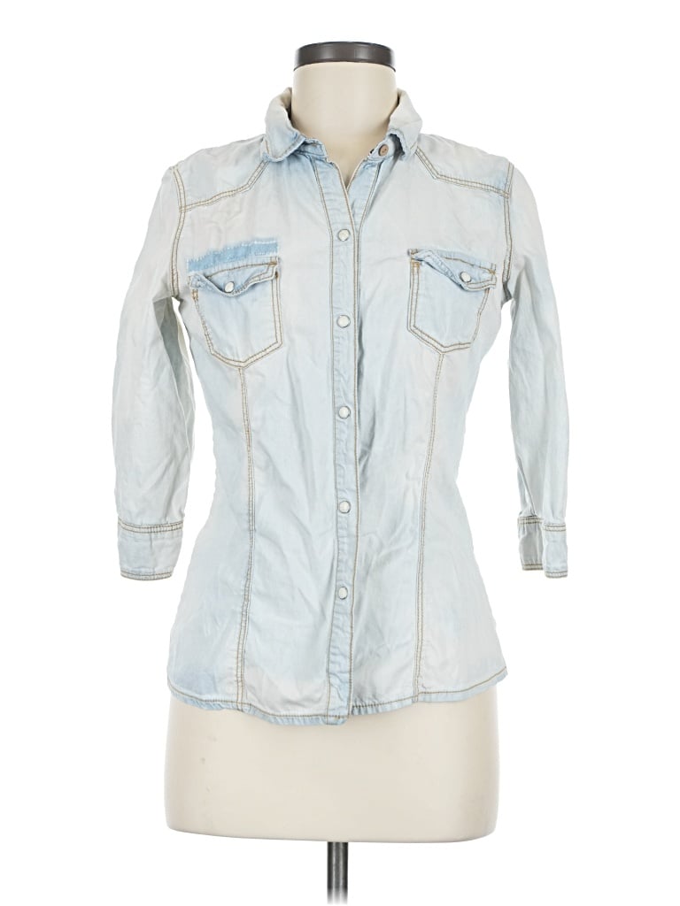 Pre-owned Unbranded 3/4 Sleeve Button Down Shirt In Blue