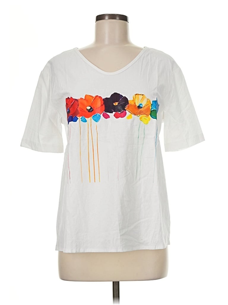 Pre-owned Unbranded Short Sleeve Top White Graphic Pattern V-neck Tops