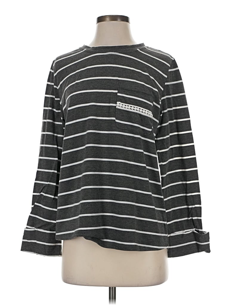 Pre-owned Umgee Long Sleeve Top Gray Stripes Pattern Mock Neckline Tops
