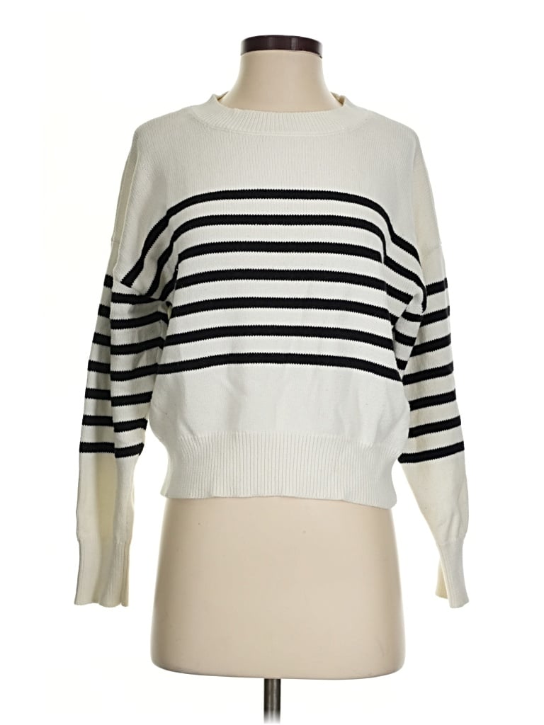 Modern Citizen Pullover Sweater: White Stripes Pattern Tops - Size Small