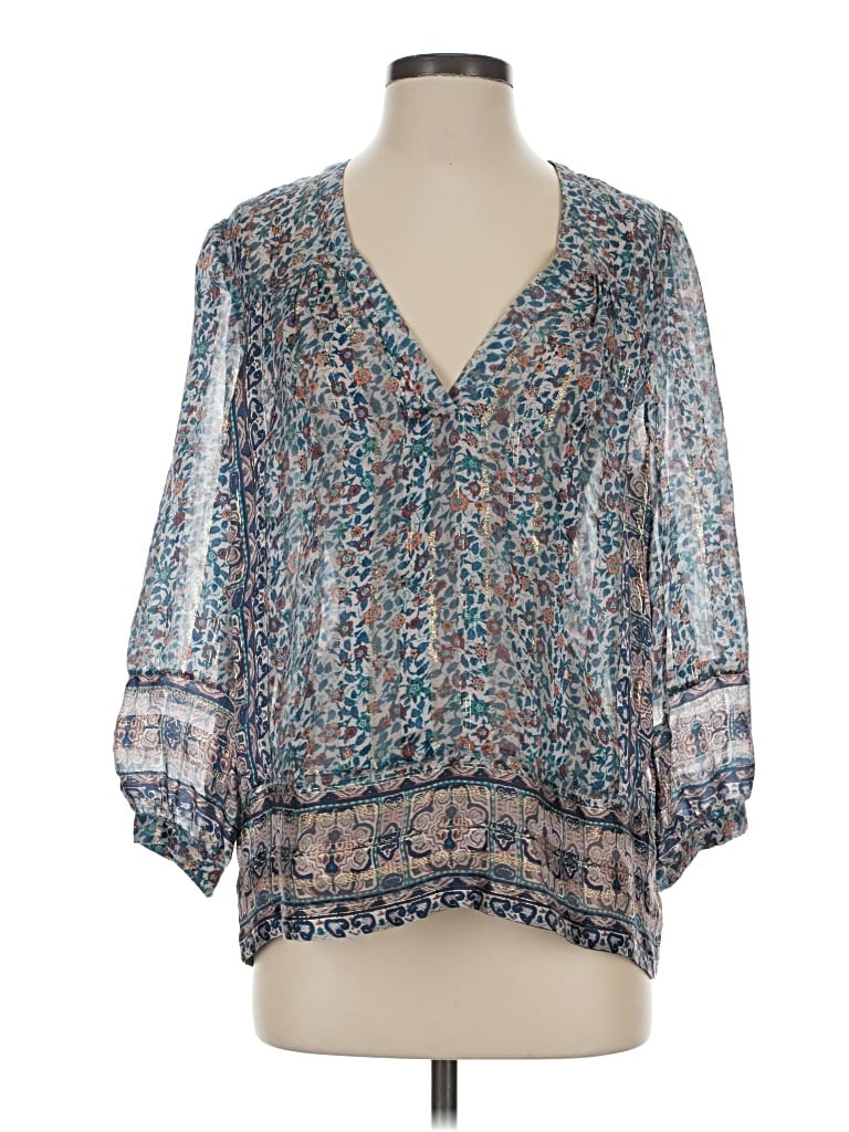 Pre-owned Joie 3/4 Sleeve Silk Top Blue Floral Pattern Plunge Neckline Tops