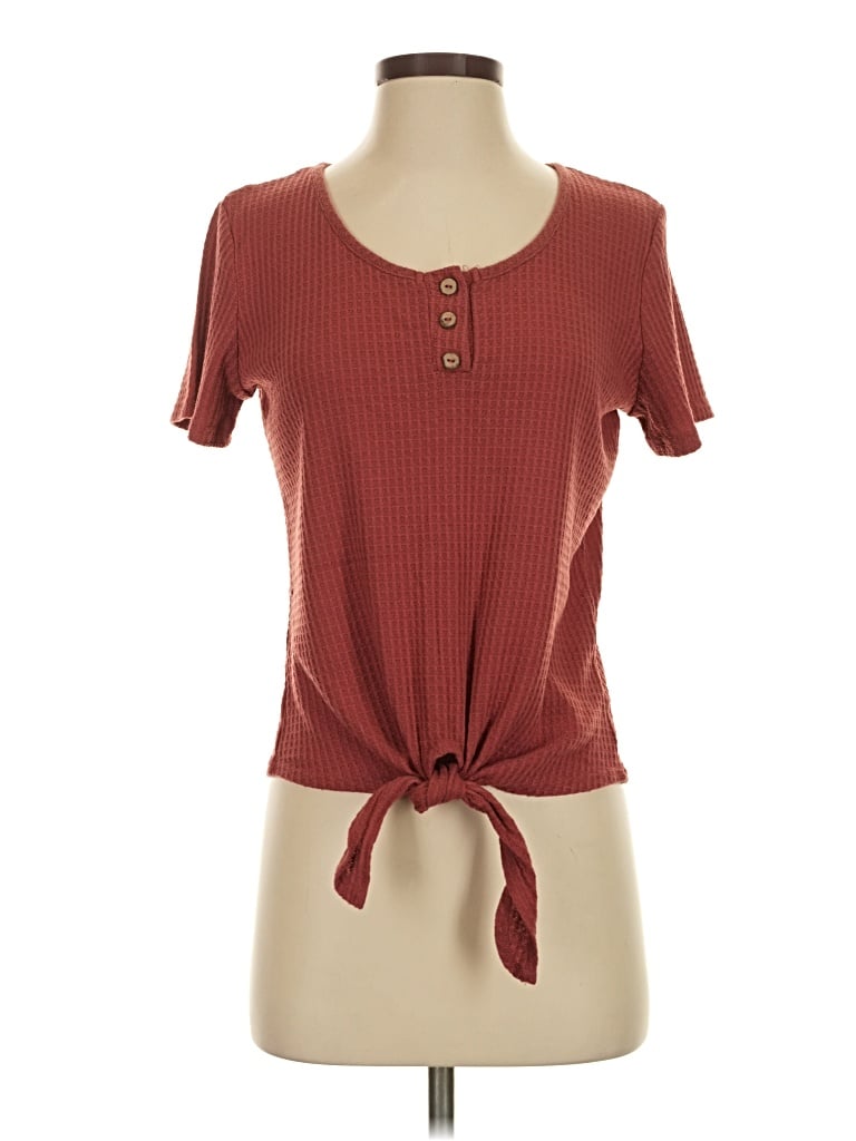 Pre-owned Paper Crane Short Sleeve Top Burgundy Keyhole Neckline Tops