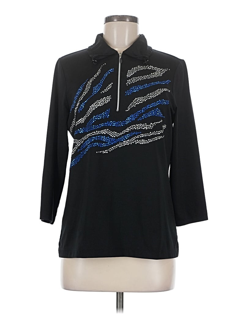 Pre-owned Zenergy By Chico's Long Sleeve Polo Shirt In Black