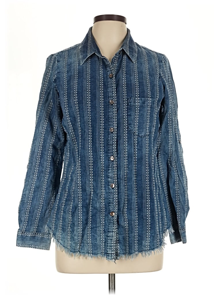 Pre-owned Karen Kane 3/4 Sleeve Button Down Shirt In Blue