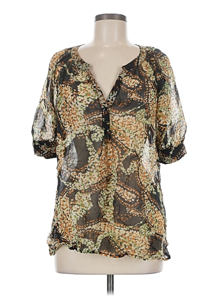 Pre-owned Gibson Short Sleeve Silk Top Brown Animal Print Pattern Plunge Neckline Tops