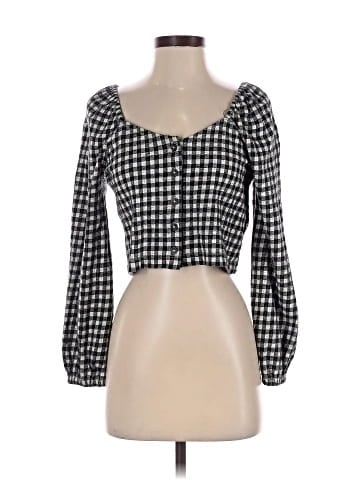 Madewell Gingham Puff-Sleeve Button-Front Crop Top (view 1)