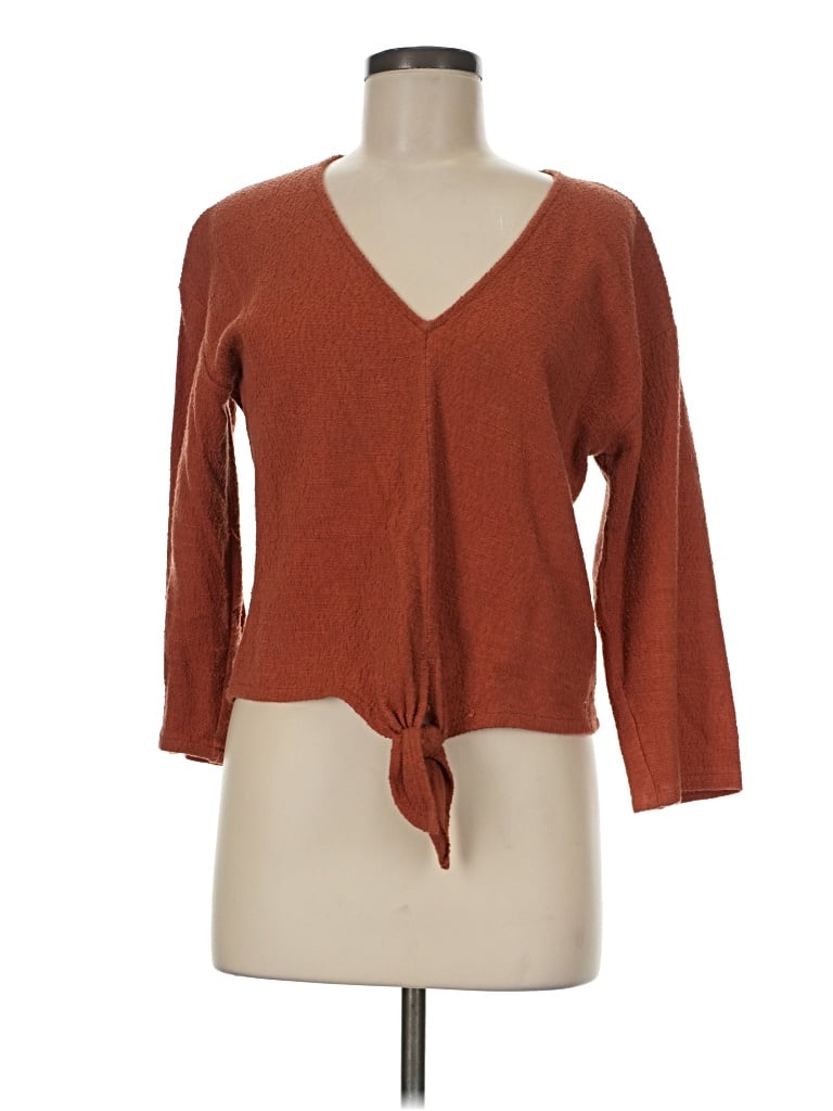 Pre-owned Texture & Thread Madewell 3/4 Sleeve Top Brown Plunge Neckline Tops