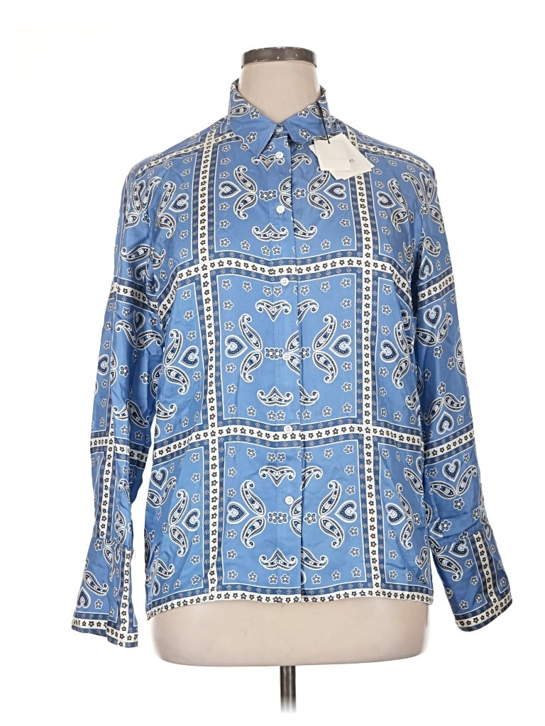 Sandro Long Sleeve Silk Top Blue Mock Neckline Tops