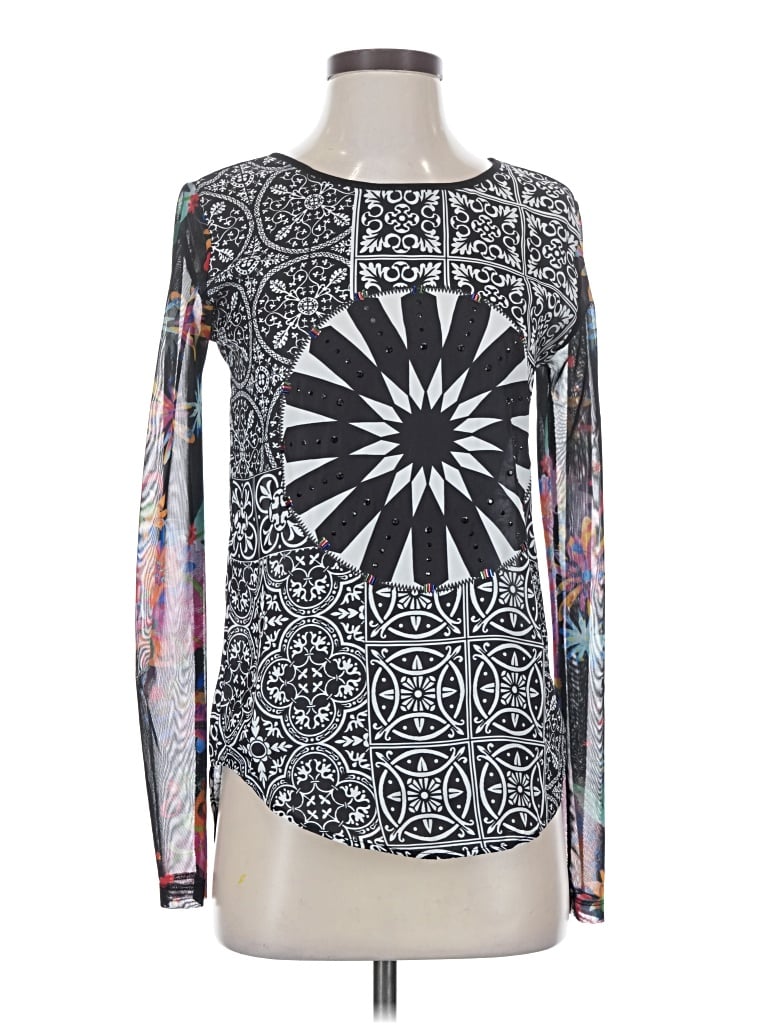 Pre-owned Desigual Long Sleeve Top Silver Keyhole Neckline Tops