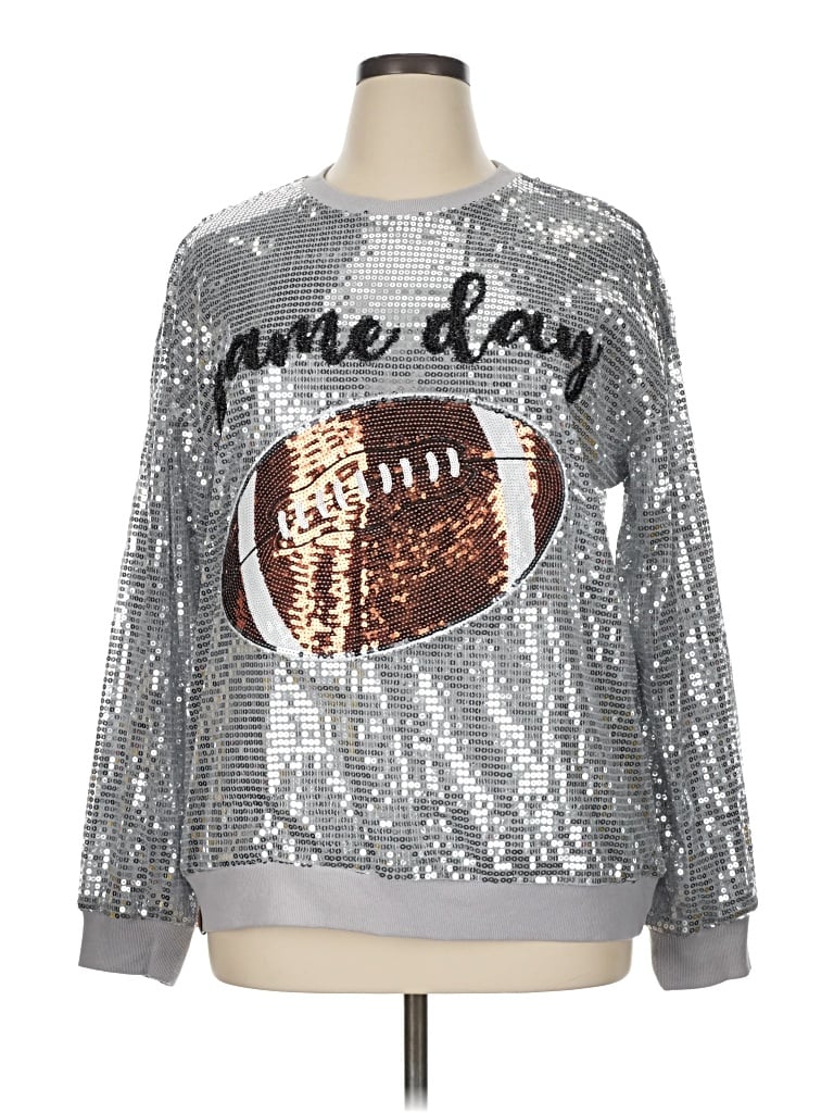Pre-owned Simply Southern Long Sleeve Top Silver Crew Neck Tops