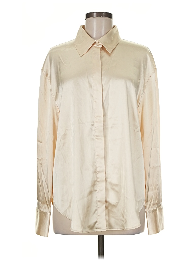Daily Drills Long Sleeve Blouse: Ivory Metallic Pattern Tops - Size Medium