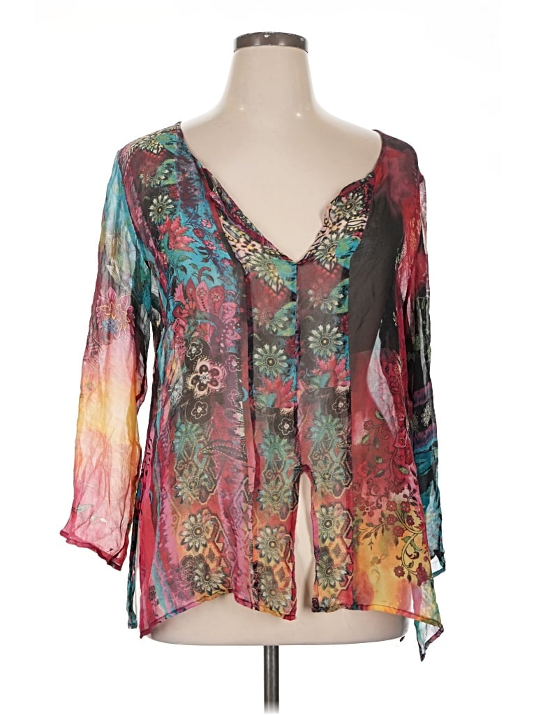 Pre-owned Chico's 3/4 Sleeve Silk Top Teal Plunge Neckline Tops