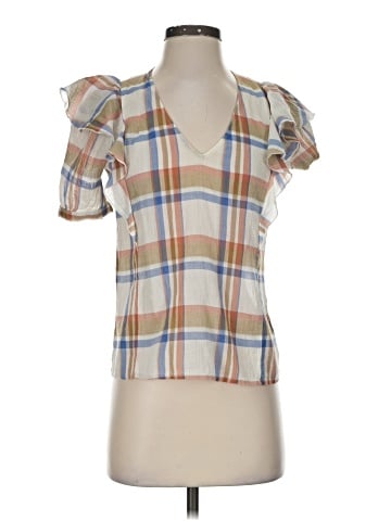 Madewell V-Neck Shoulder-Ruffle Top in Plaid (view 1)