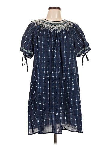 Madewell Embroidered Puff-Sleeve Babydoll Dress in Indigo Plaid (view 1)