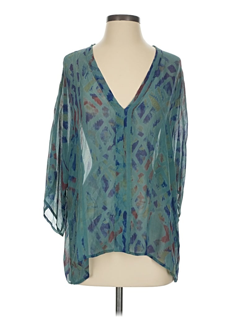 Pre-owned Gypsy 05 3/4 Sleeve Silk Top Teal Plunge Neckline Tops