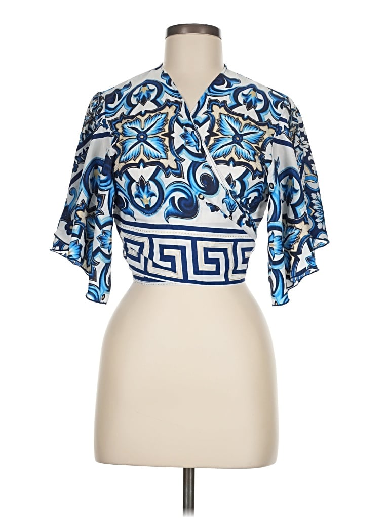 Assorted Brands Short Sleeve Silk Top Blue Keyhole Neckline Tops