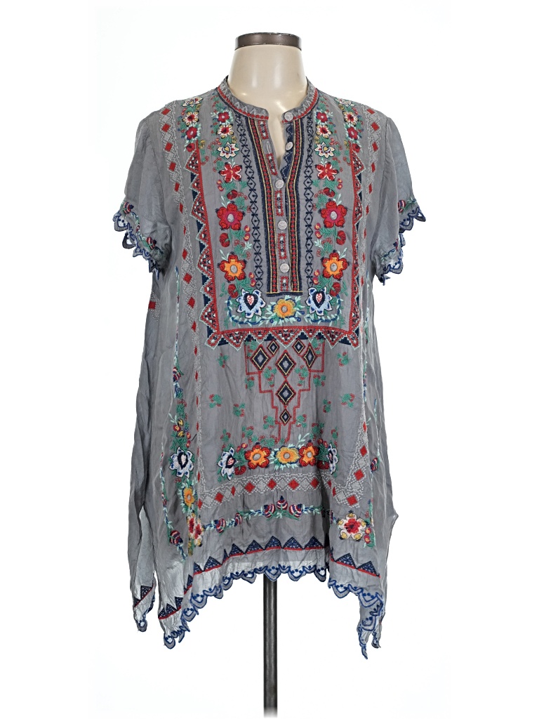 Pre-owned Johnny Was Short Sleeve Blouse In Gray