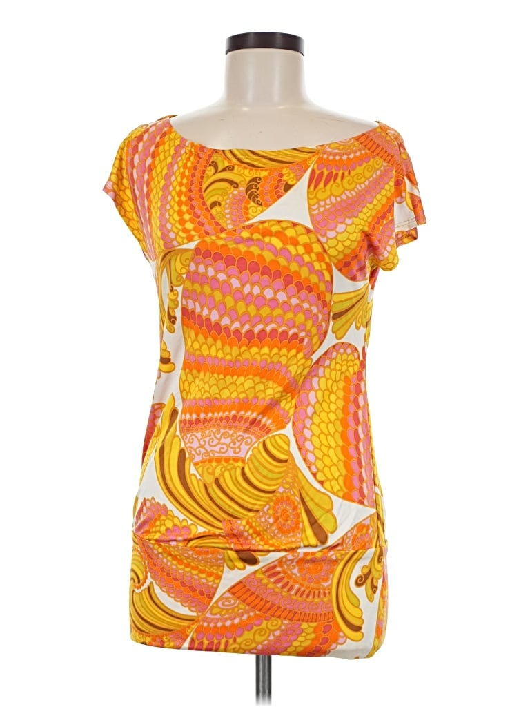 Pre-owned Trina Turk Short Sleeve Top Orange Print Pattern Boatneck Tops