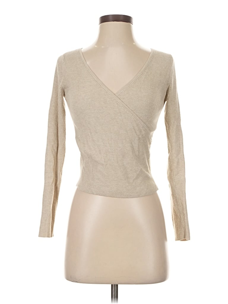 Pre-owned Leith Long Sleeve Top Tan V-neck Tops